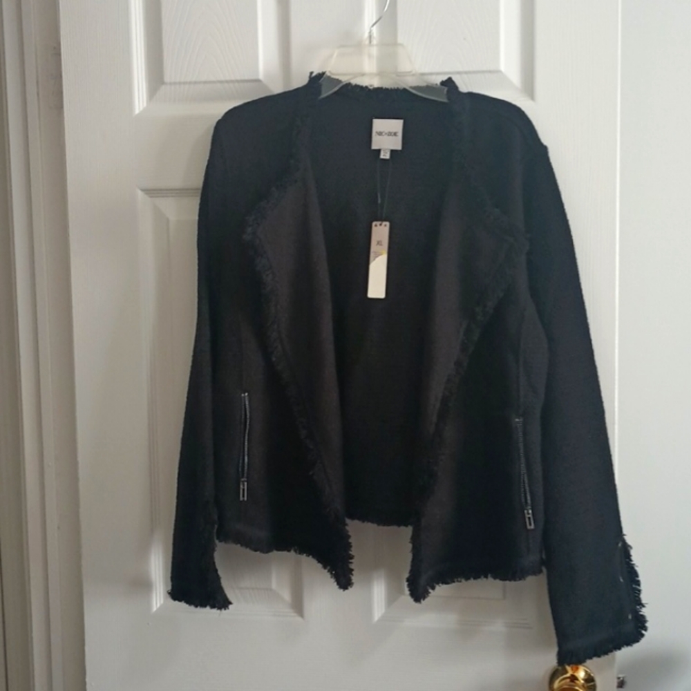 Nic and Zoe NWT black fringe mixed knit jacket size X Large